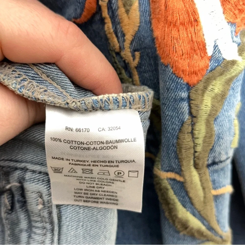 Anthropologie Light Blue Denim Jacket with Orange Floral Embroidery